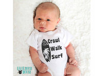 Crawl Walk Surf baby bodysuit, Aussie beach babe outfit with 2 custom surfboard designs 