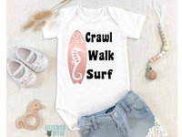 Crawl Walk Surf baby bodysuit, Aussie beach babe outfit with 2 custom surfboard designs 