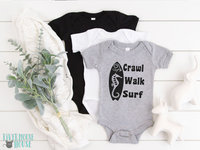 Crawl Walk Surf baby bodysuit, Aussie beach babe outfit with 2 custom surfboard designs 