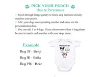 Protected by dogs baby bodysuit, Personalised pick your pooch, Choose from 55 breeds + 288 dog variations