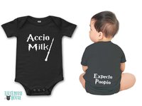 Harry Potter funny baby onesie, Accio Milk with Expecto Poopio butt print
