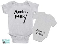 Harry Potter funny baby onesie, Accio Milk with Expecto Poopio butt print