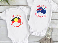 Made in Australia baby bodysuit, choose from Australian and Aboriginal flag designs, custom Aussie kids onesie