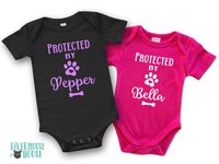 Protected by Dog Baby Bodysuit, Personalised Pet Name Romper