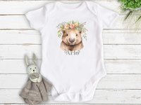 Personalised Wombat Baby Bodysuit, Cute Aussie Animal with Floral Crown