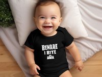 Halloween Baby Bodysuit, Beware I Bite Funny Vampire, Zombie, Graveyard Outfit