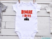 Halloween Baby Bodysuit, Beware I Bite Funny Vampire, Zombie, Graveyard Outfit