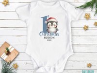 Personalised Christmas Penguin Baby Bodysuit, Custom 1st Xmas Gift
