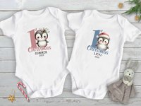 Personalised Christmas Penguin Baby Bodysuit, Custom 1st Xmas Gift