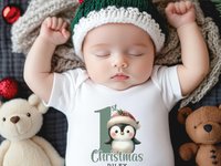 Personalised Christmas Penguin Baby Bodysuit, Custom 1st Xmas Gift