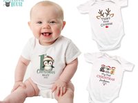 Personalised Christmas Penguin Baby Bodysuit, Custom 1st Xmas Gift