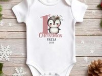 Personalised Christmas Penguin Baby Bodysuit, Custom 1st Xmas Gift