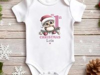 Baby Owl Personalised 1st Christmas Bodysuit, Custom Name Outfit