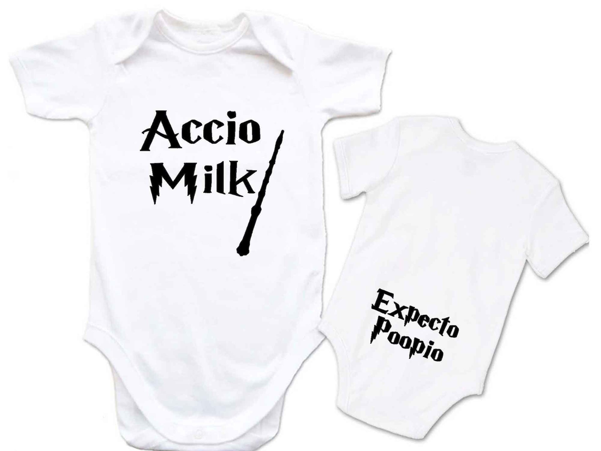 Harry Potter funny baby onesie, Accio Milk with Expecto Poopio butt print