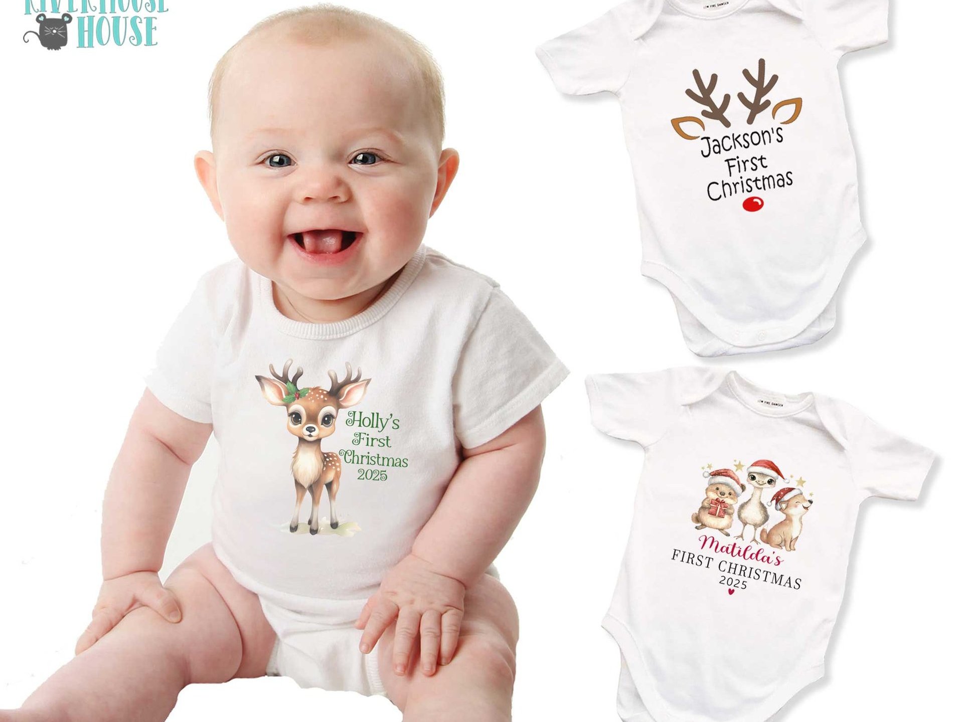 First Christmas baby reindeer personalised bodysuit 2025