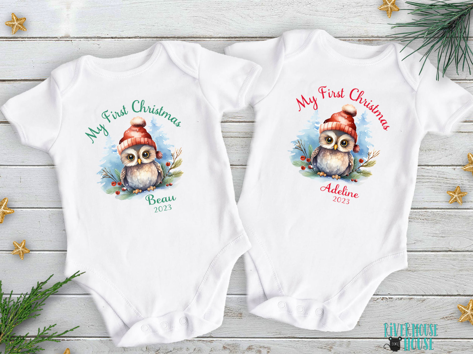 First Christmas Owl Custom Personalised Baby Bodysuit 2024