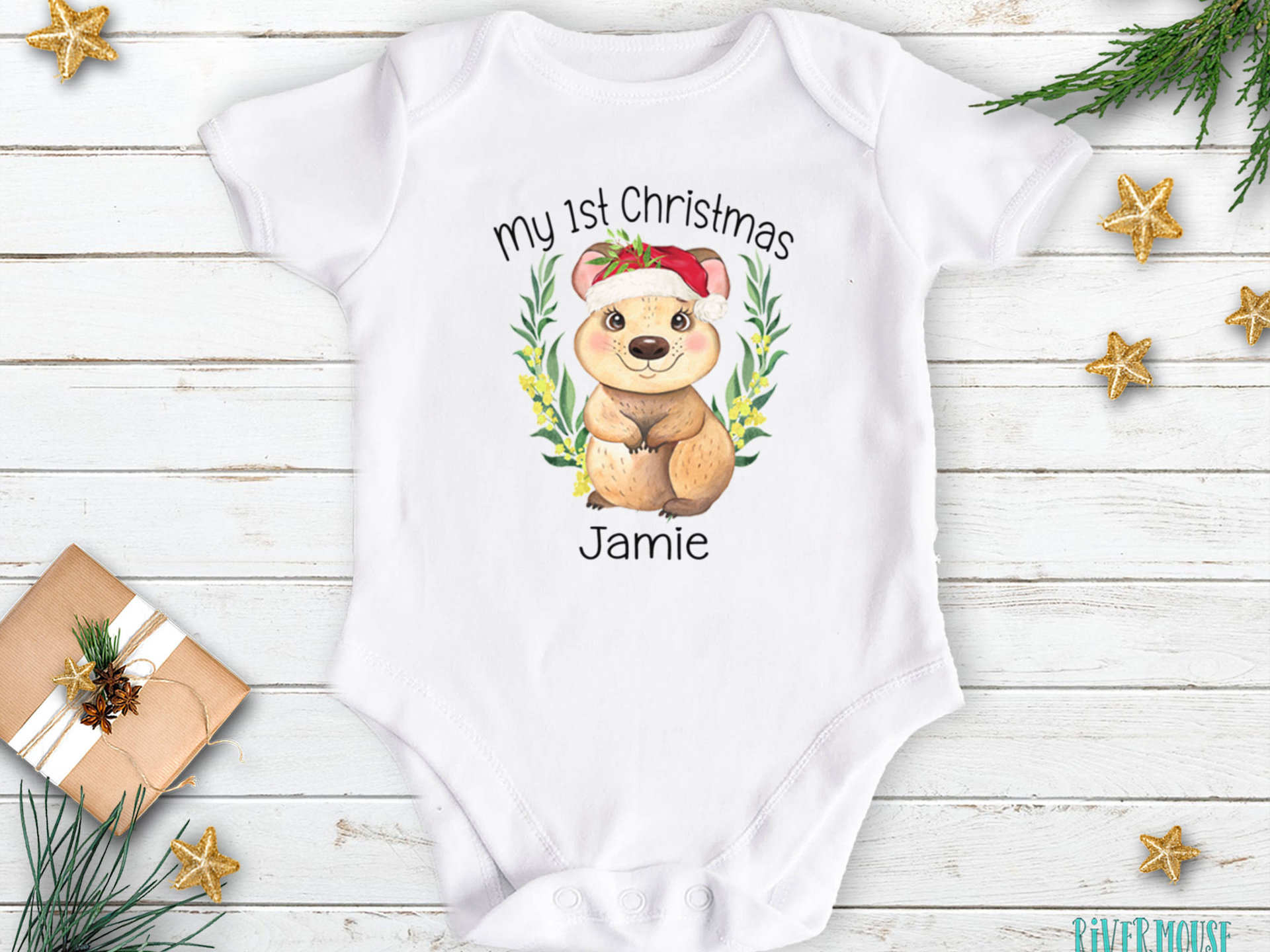 First Christmas baby quokka personalised bodysuit, Aussie Animals Xmas gift