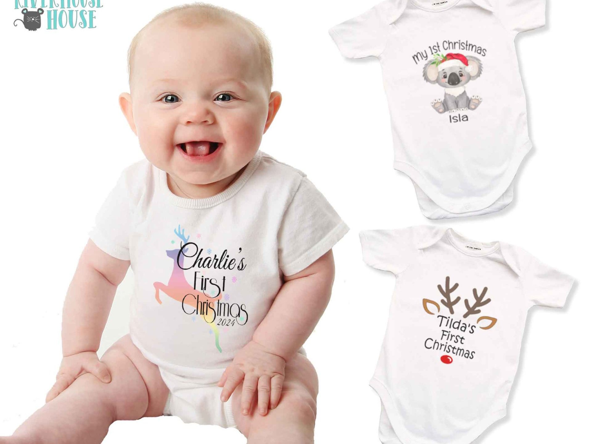 Baby's first Christmas personalised reindeer romper 2024