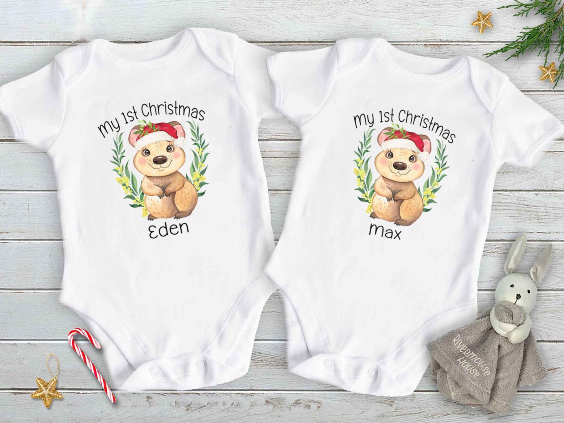 First Christmas Quokka Personalised Baby Bodysuit, Aussie Animals Xmas gift