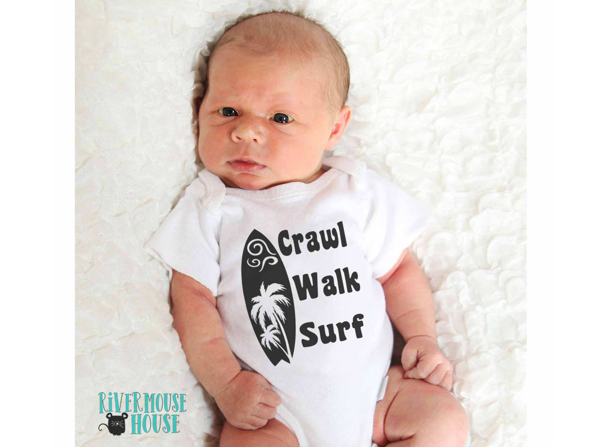 Crawl Walk Surf baby bodysuit, Aussie beach babe outfit with 2 custom surfboard designs 