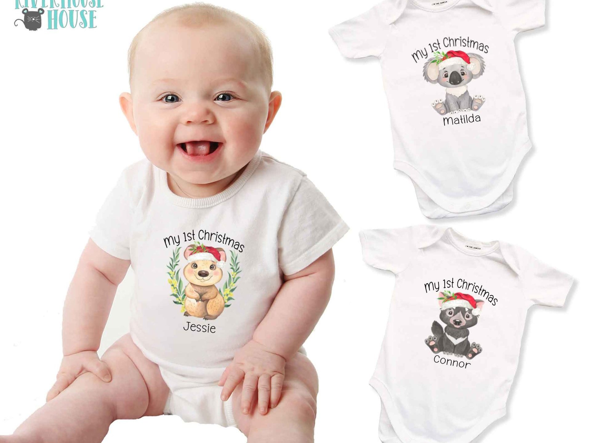 First Christmas Quokka Personalised Baby Bodysuit, Aussie Animals Xmas gift