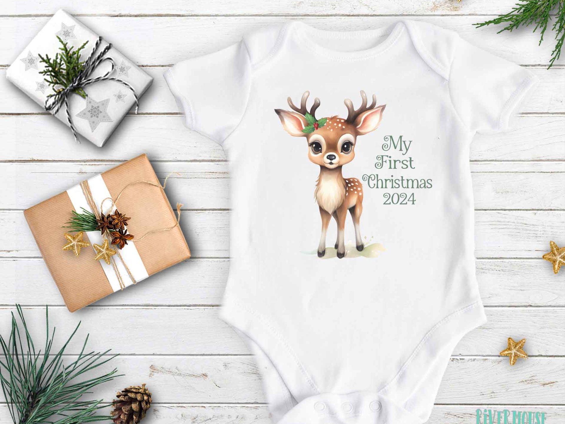First Christmas baby reindeer personalised bodysuit 2024