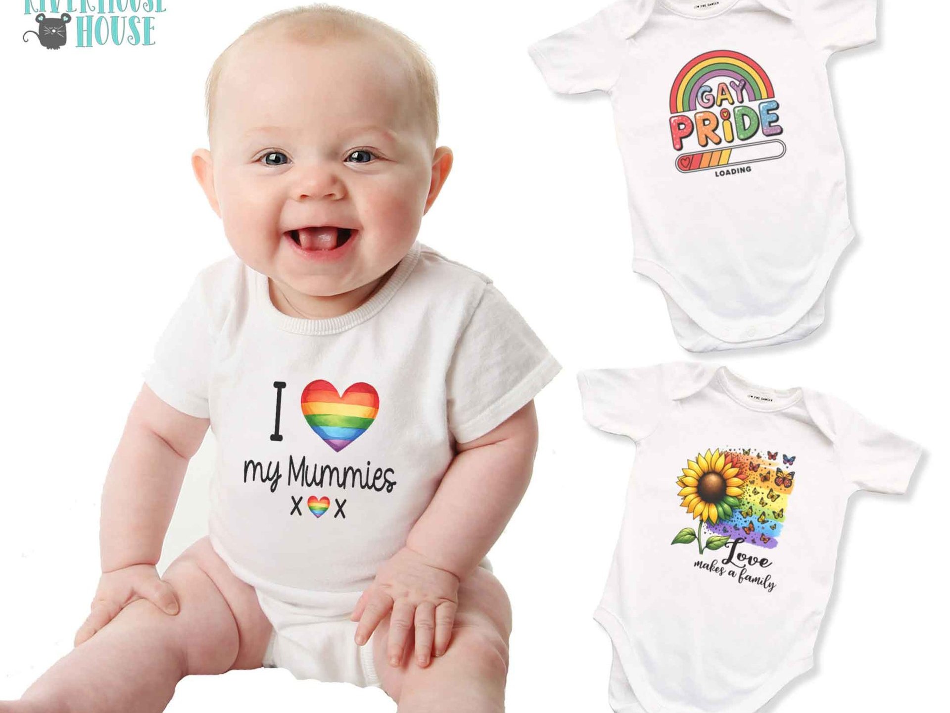 Gay Pride Baby Bodysuit I Love my Mummies, Daddies, Aunties, Uncles Rainbow Heart Design