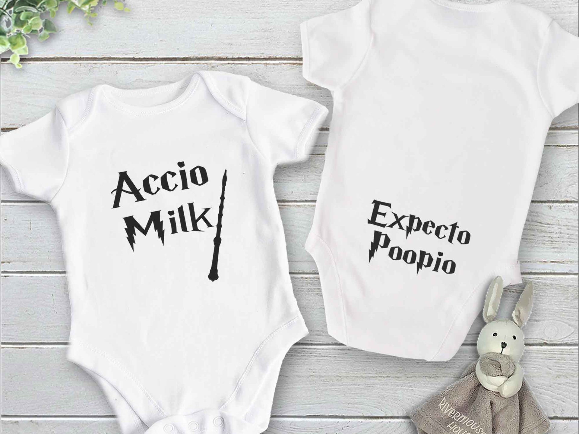 Harry Potter funny baby onesie, Accio Milk with Expecto Poopio butt print