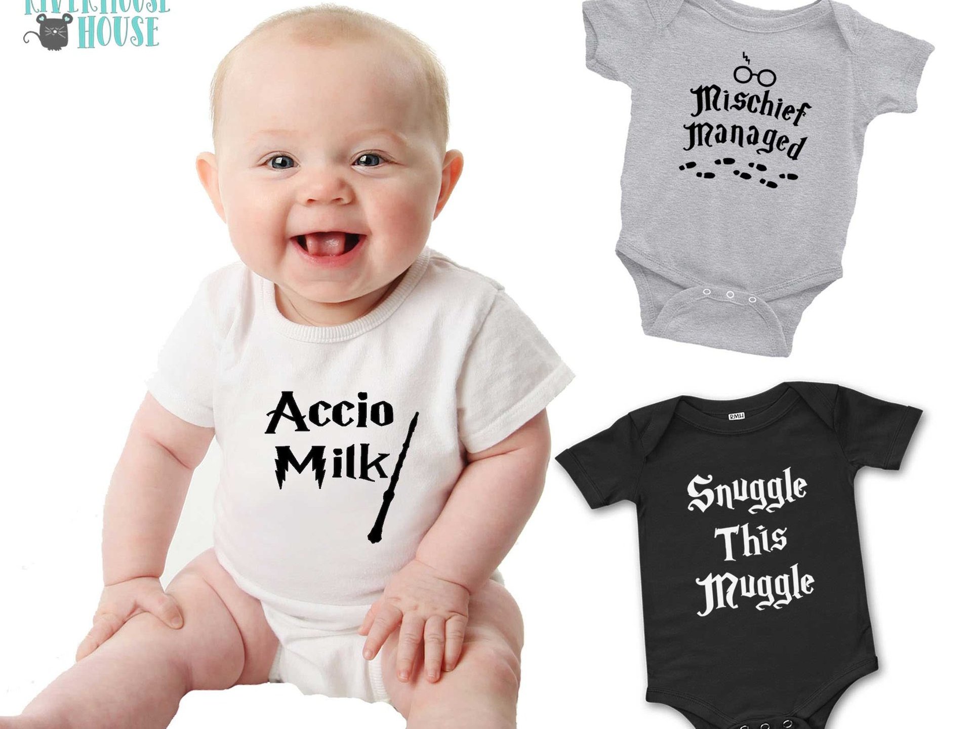 Harry Potter funny baby onesie, Accio Milk with Expecto Poopio butt print