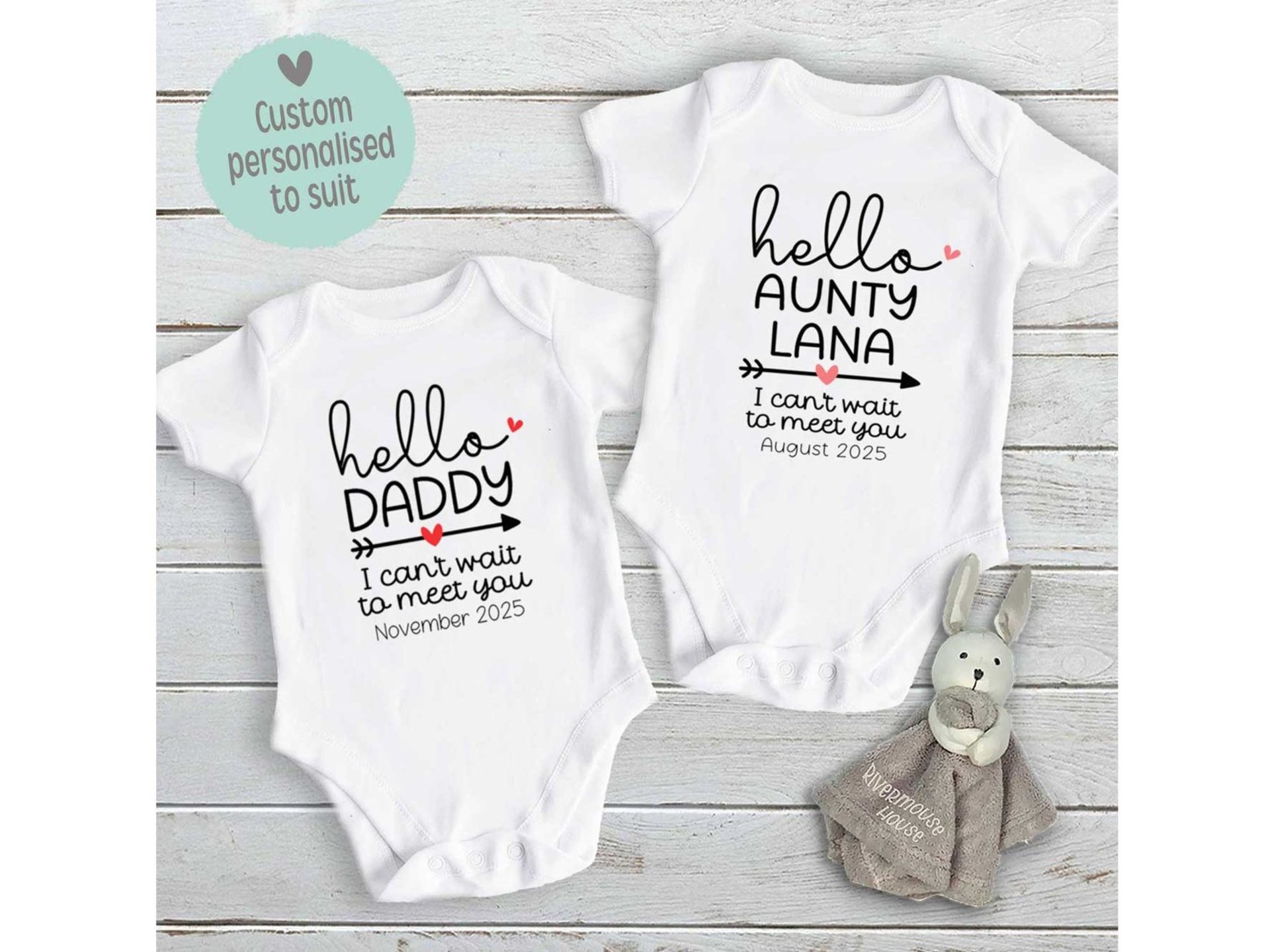 Hello Baby pregnancy announcement personalised bodysuit, I can't wait to meet you custom newborn birth reveal