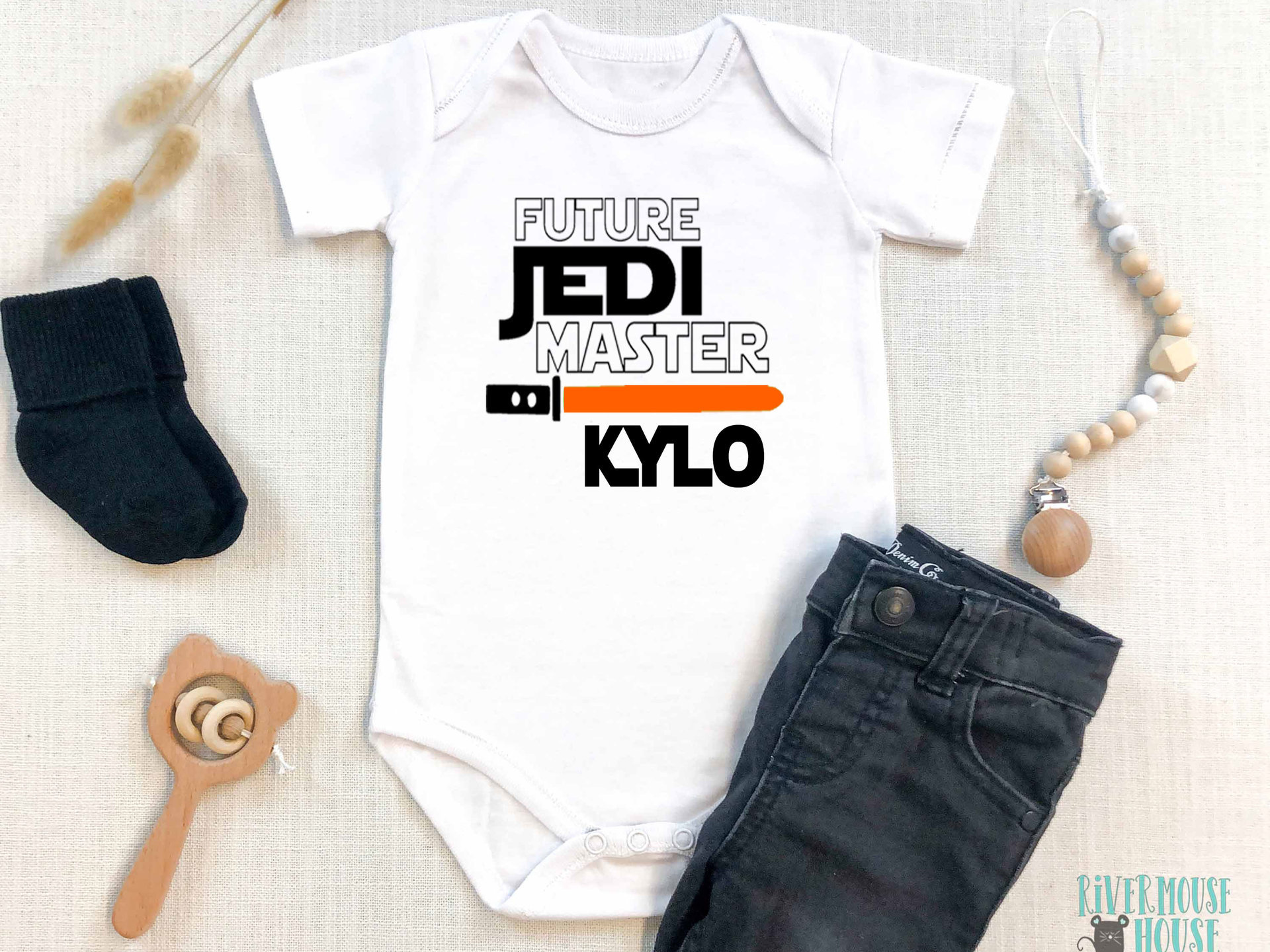 Future Jedi Master personalised baby bodysuit with custom name lightsaber