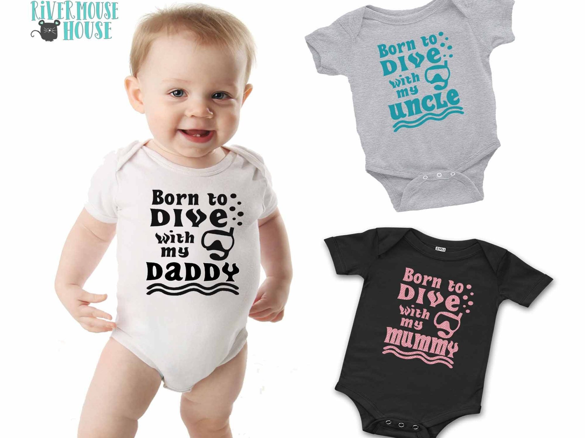 Scuba Diver baby bodysuit, Born to dive with my Daddy, Personalised to suit your snorkel family