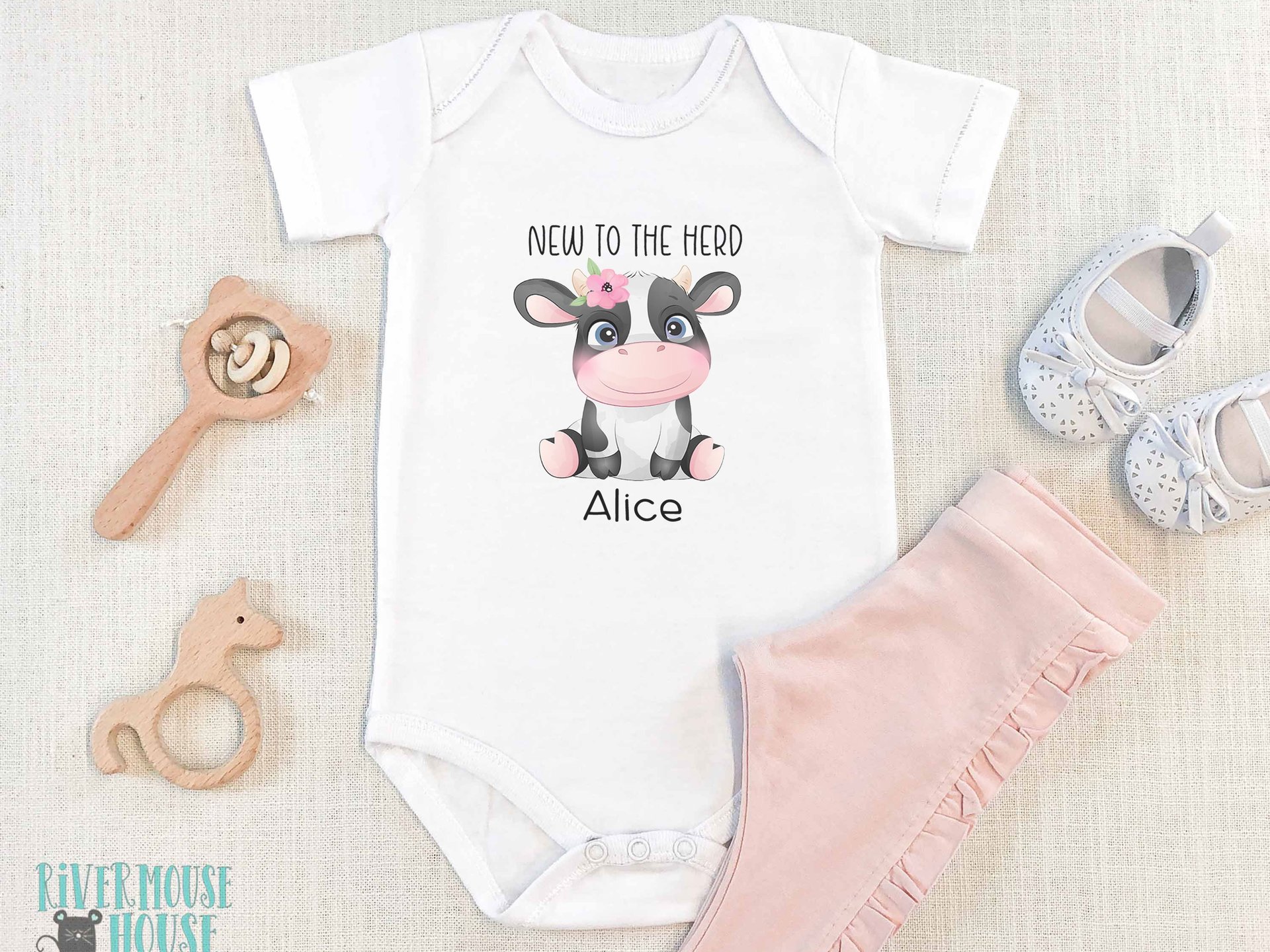 Baby cow personalised bodysuit, New to the Herd farm kids romper