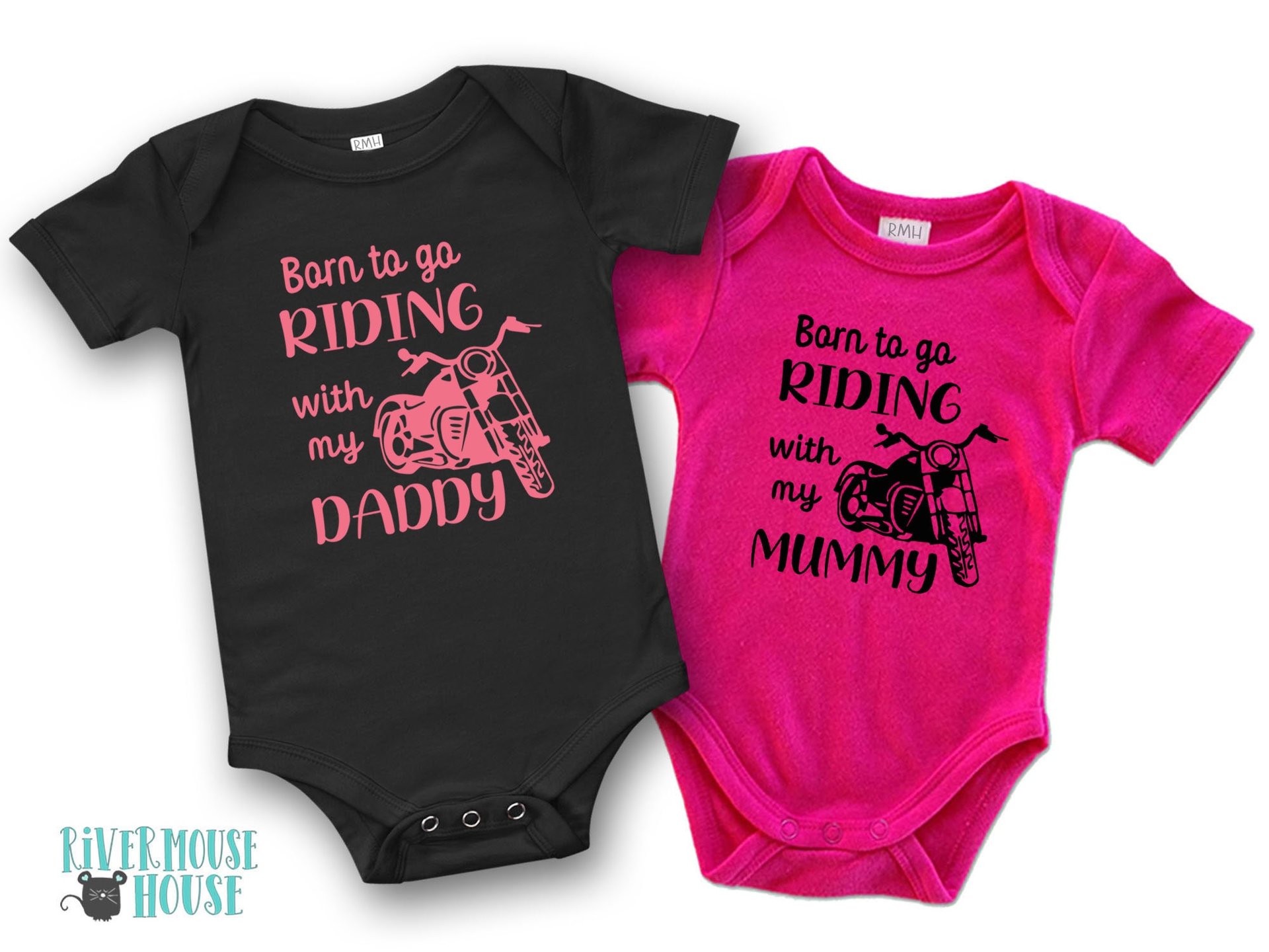 Born to go riding motorcycle baby bodysuit, custom personalised to suit