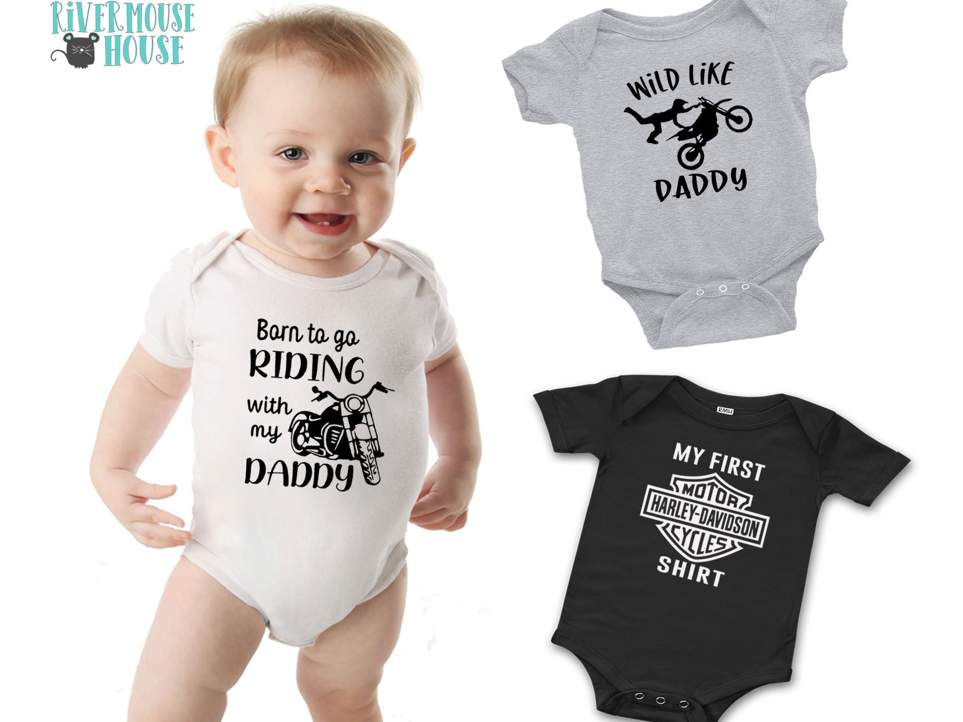 Born to go riding motorcycle baby bodysuit, custom personalised to suit
