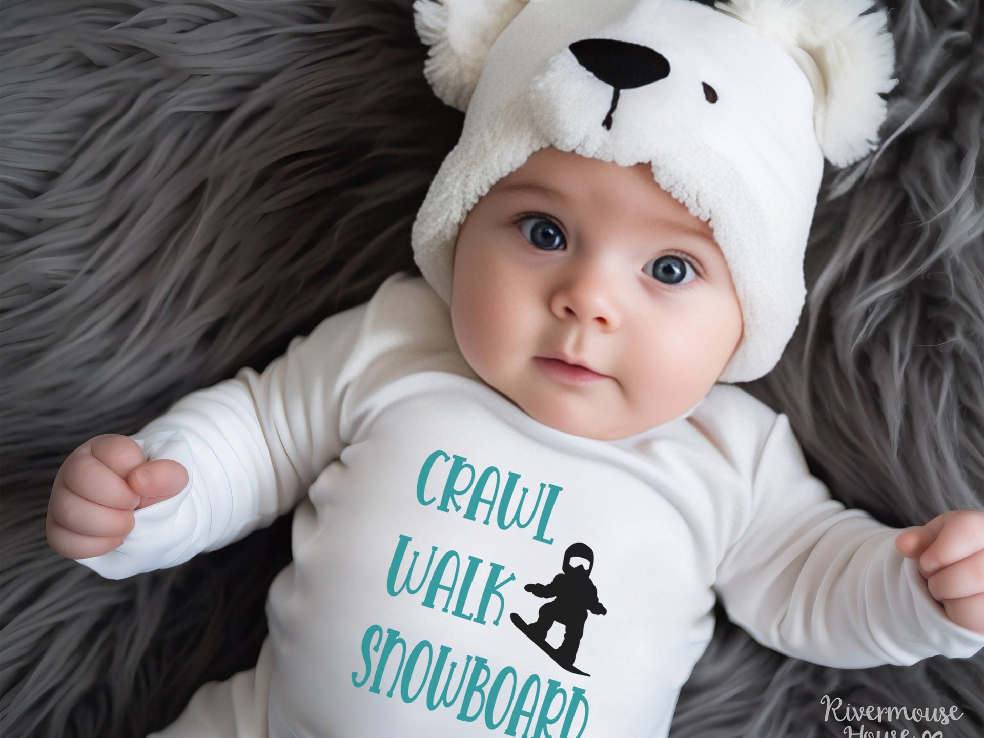 Crawl Walk Snowboard Baby Bodysuit, Winter Snow Sports Romper, Australian Kids Sizes Newborn to Toddler
