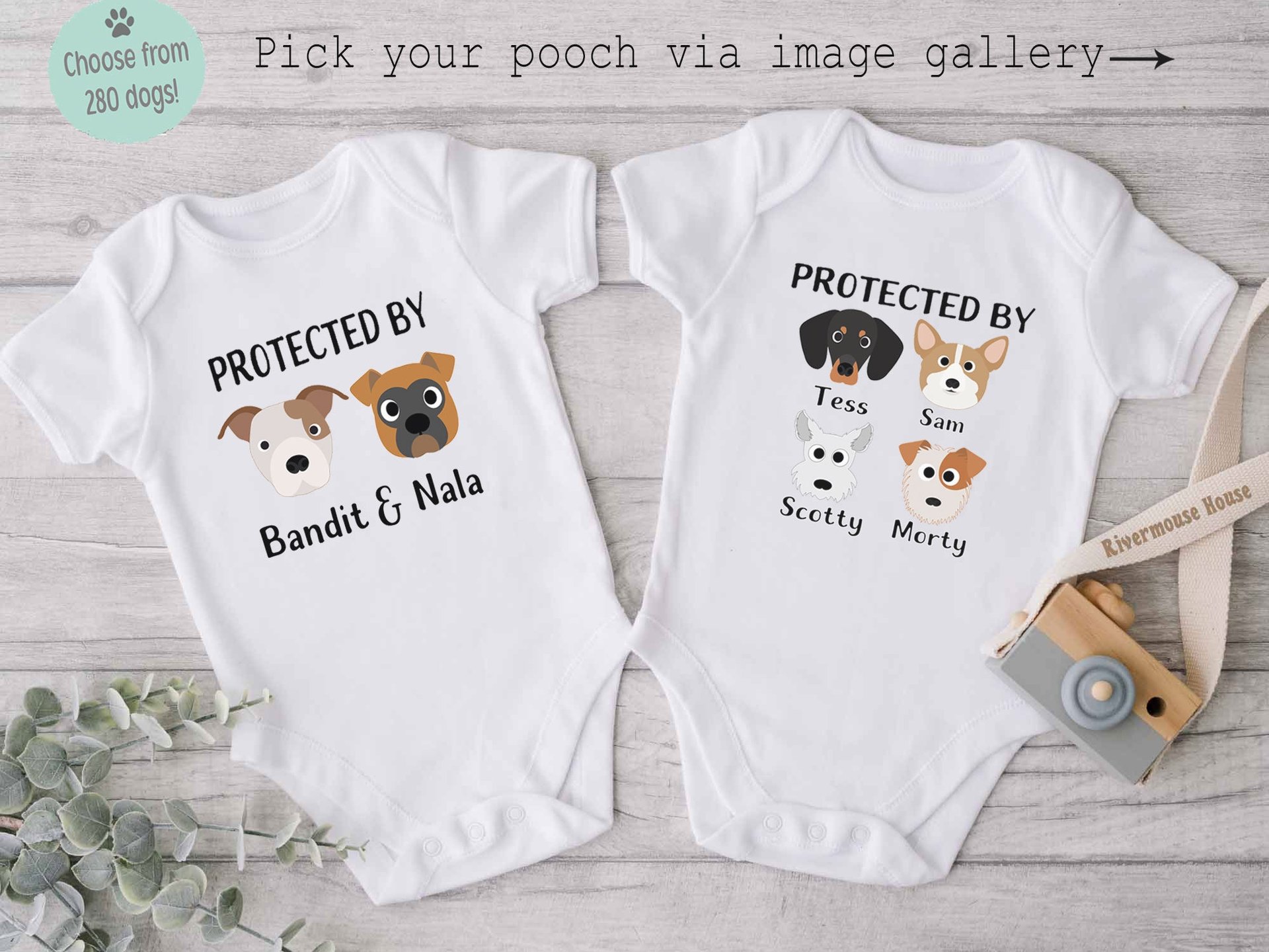 Protected by dogs baby bodysuit, Personalised pick your pooch, Choose from 55 breeds + 288 dog variations