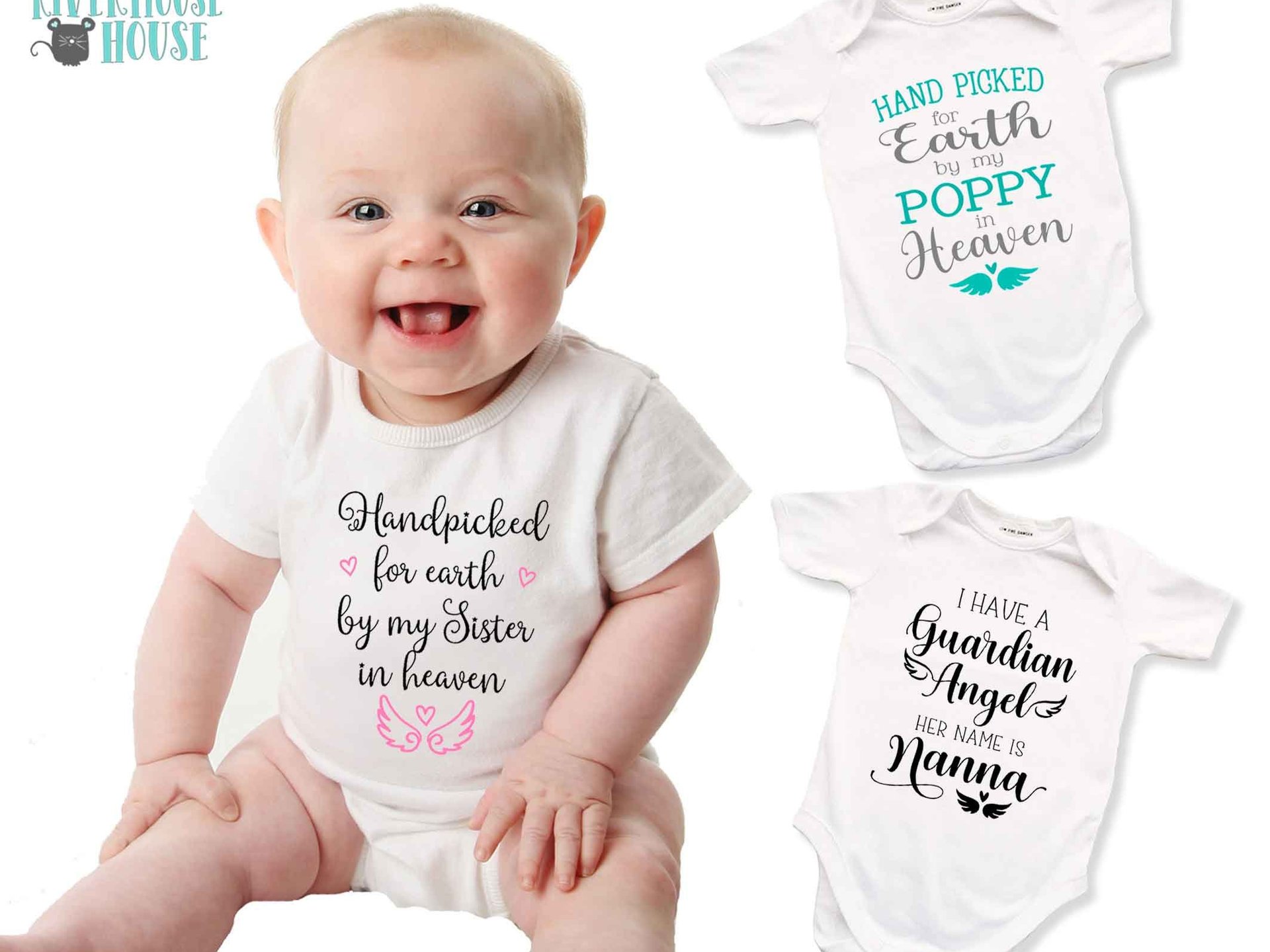 Handpicked for Earth baby bodysuit, Personalised family memorial angel wings onesie