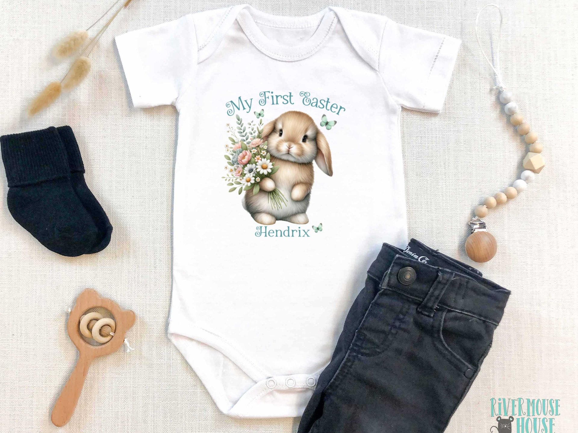 My first Easter bunny baby bodysuit, Personalised name little rabbit romper