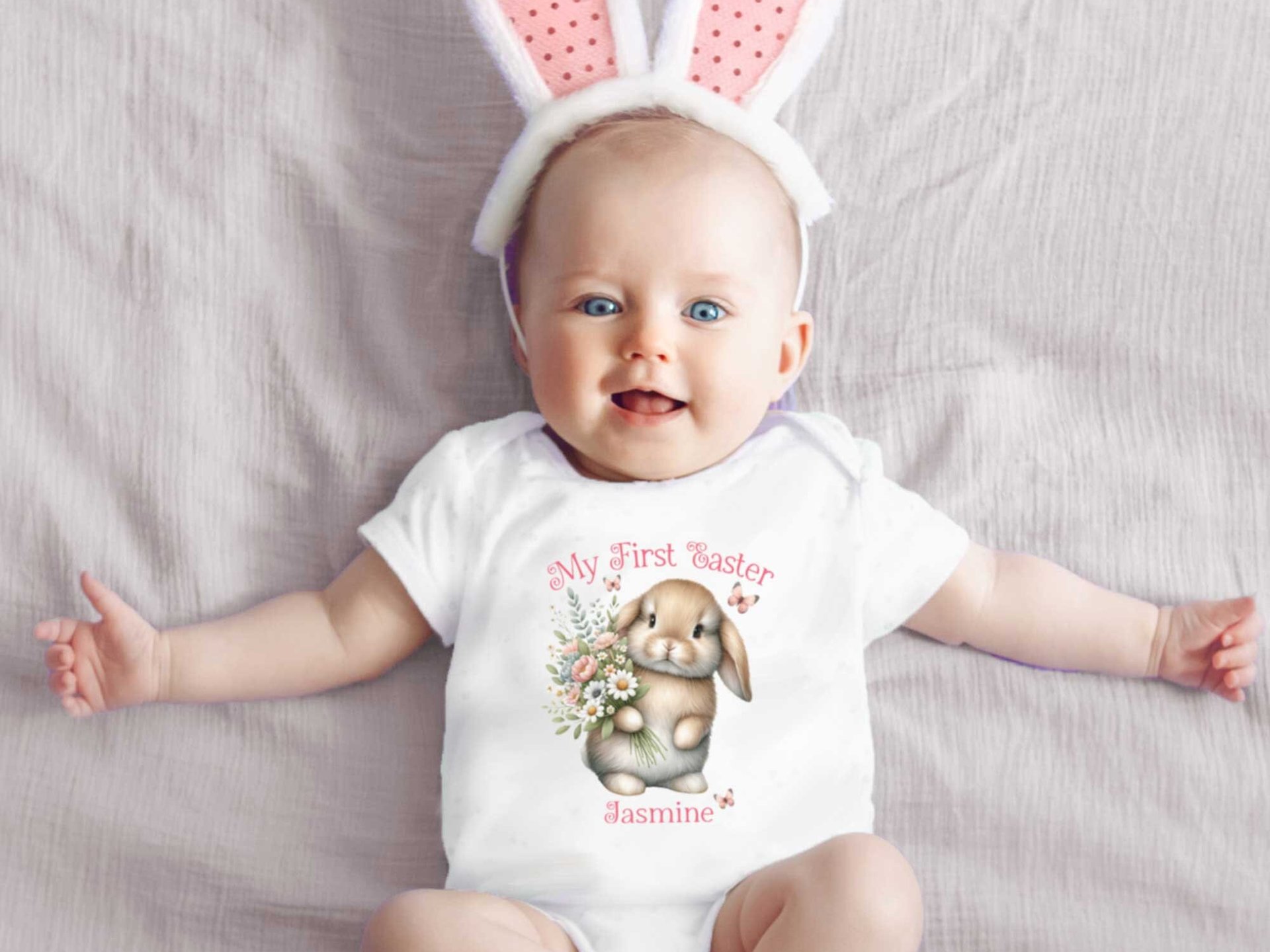 My first Easter bunny baby bodysuit, Personalised name little rabbit romper