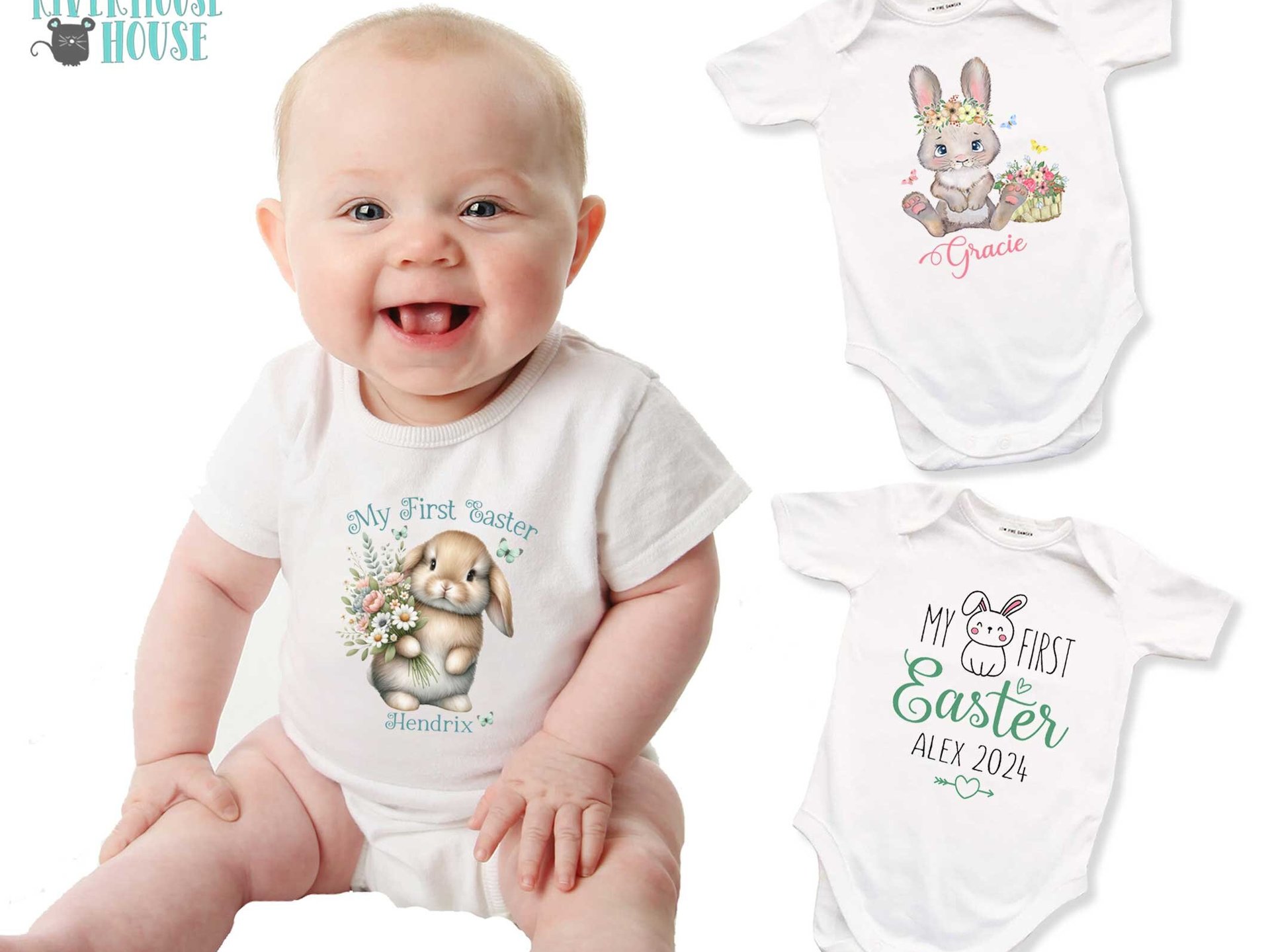 My first Easter bunny baby bodysuit, Personalised name little rabbit romper