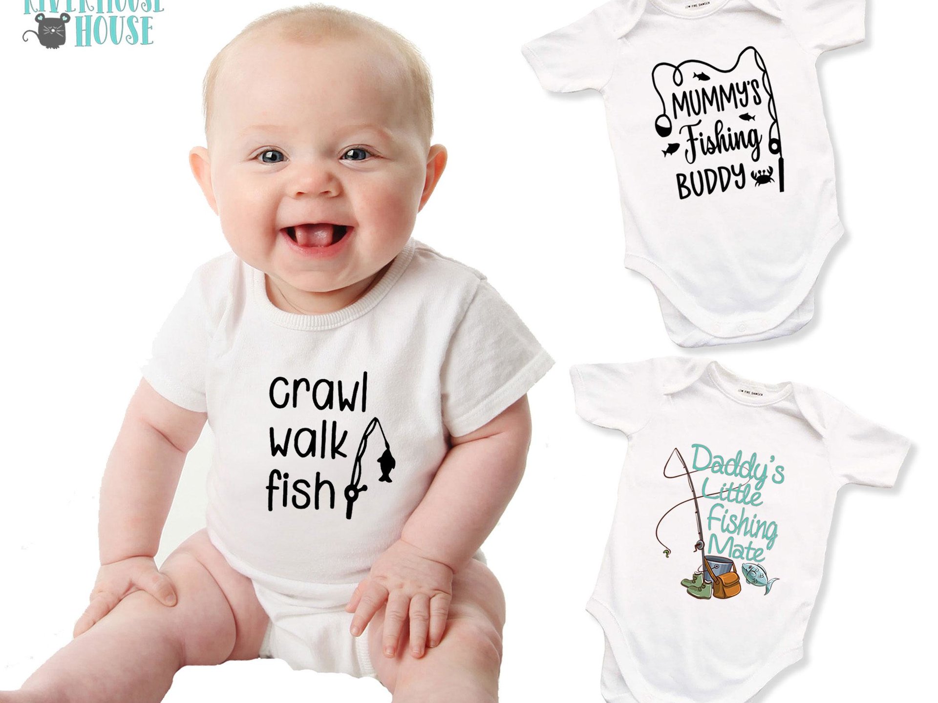Fishing baby bodysuit, Crawl Walk Fish, Australian sizes newborn to toddler