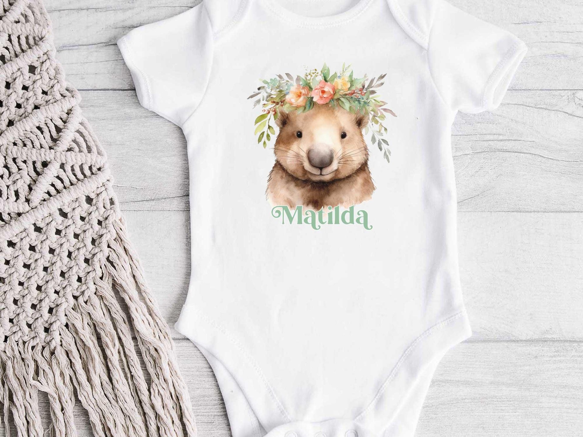 Personalised Wombat Baby Bodysuit, Cute Aussie Animal with Floral Crown