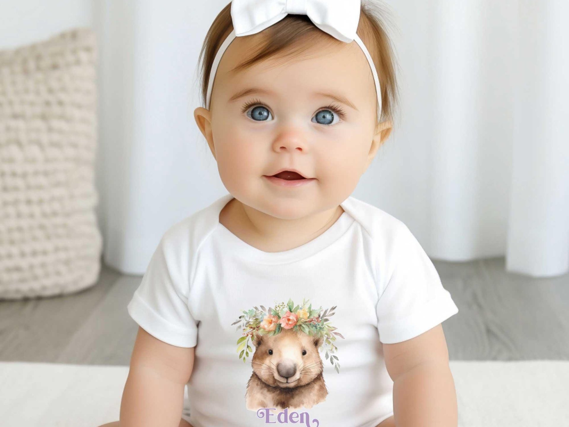 Personalised Wombat Baby Bodysuit, Cute Aussie Animal with Floral Crown