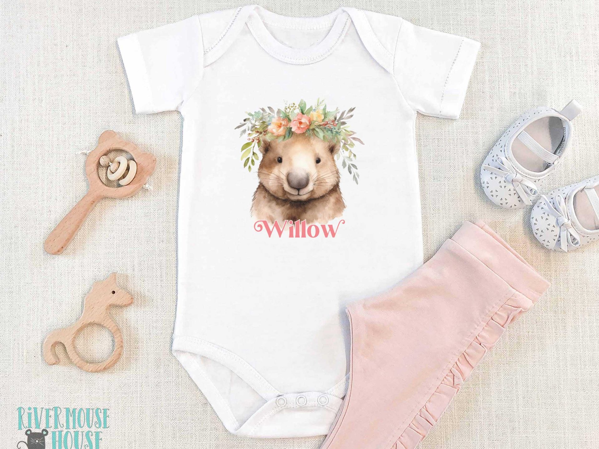 Personalised Wombat Baby Bodysuit, Cute Aussie Animal with Floral Crown
