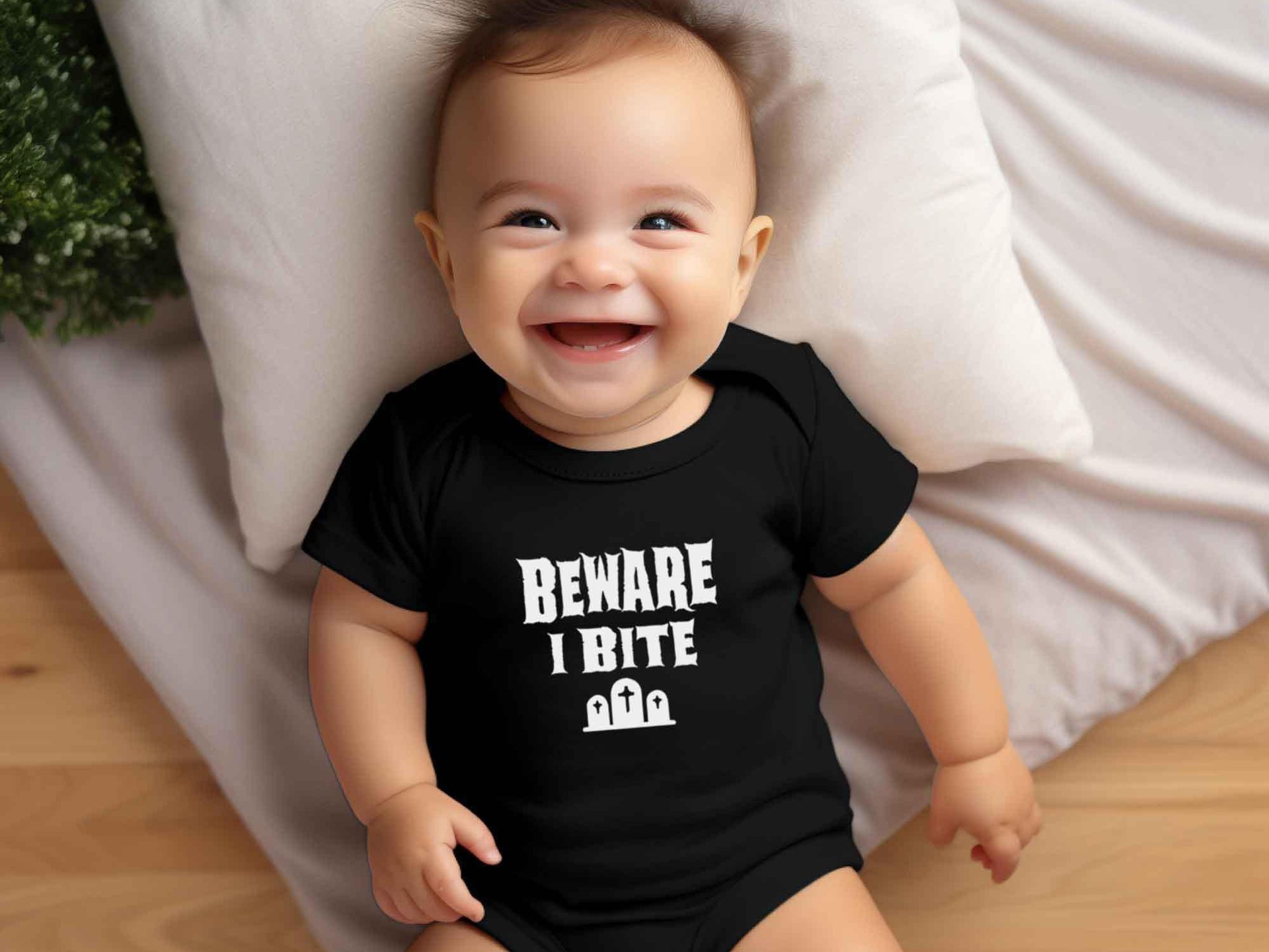 Halloween Baby Bodysuit, Beware I Bite Funny Vampire, Zombie, Graveyard Outfit