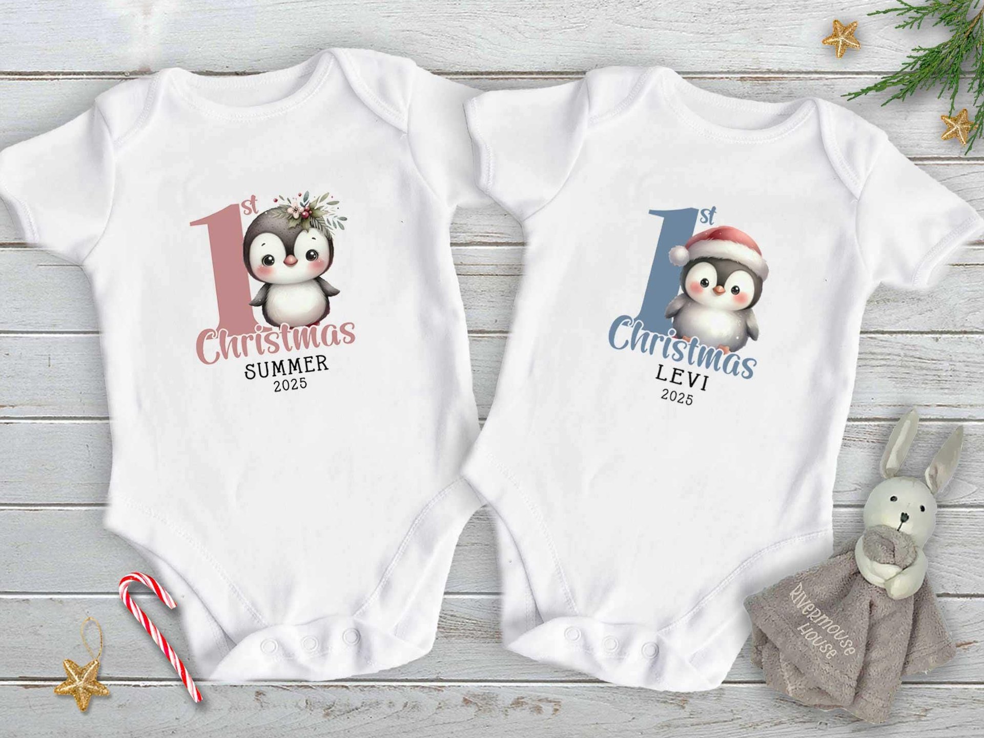 Personalised Christmas Penguin Baby Bodysuit, Custom 1st Xmas Gift