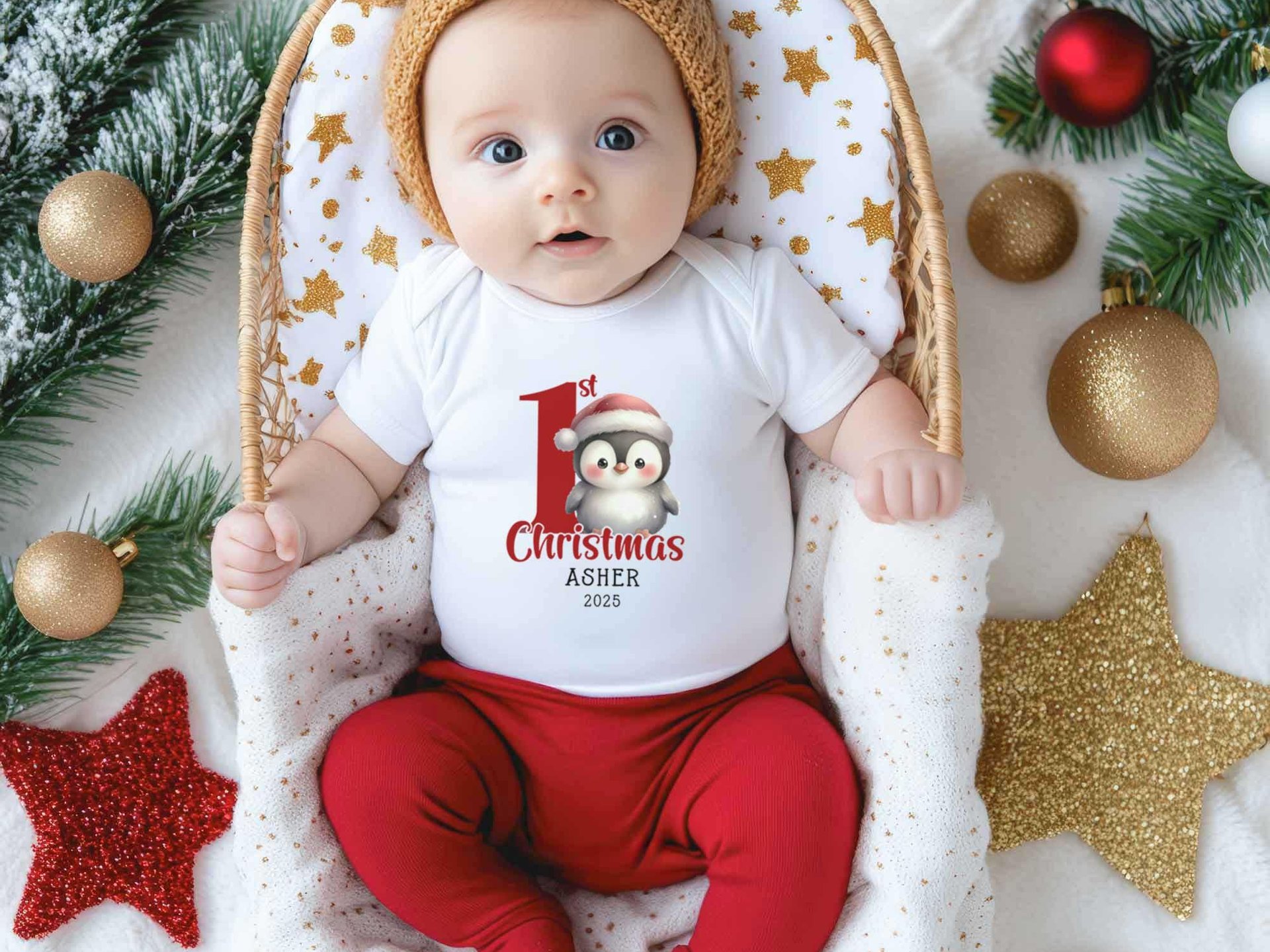 Personalised Christmas Penguin Baby Bodysuit, Custom 1st Xmas Gift