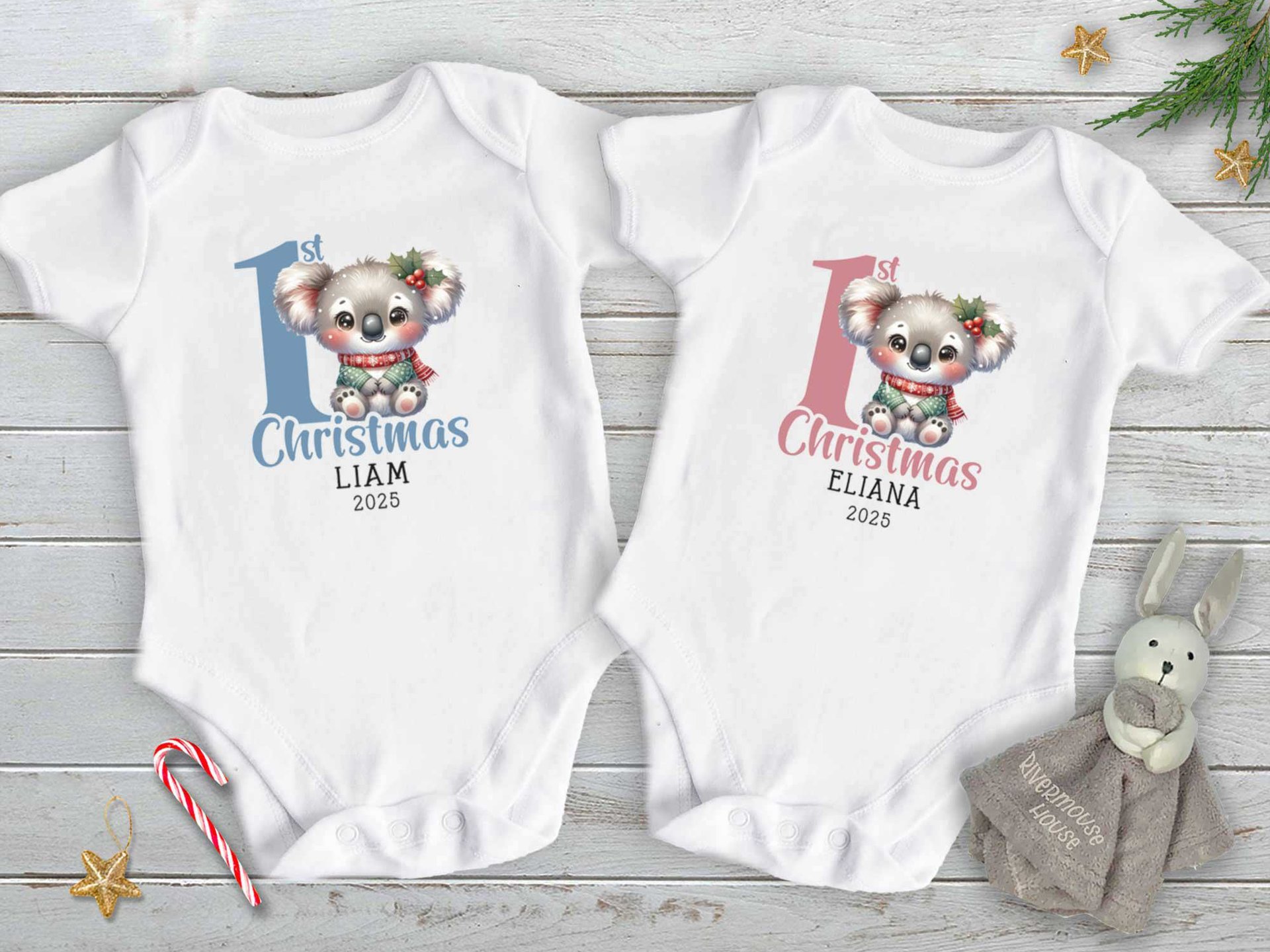 1st Christmas Personalised Koala Baby Bodysuit, Custom Name + Year