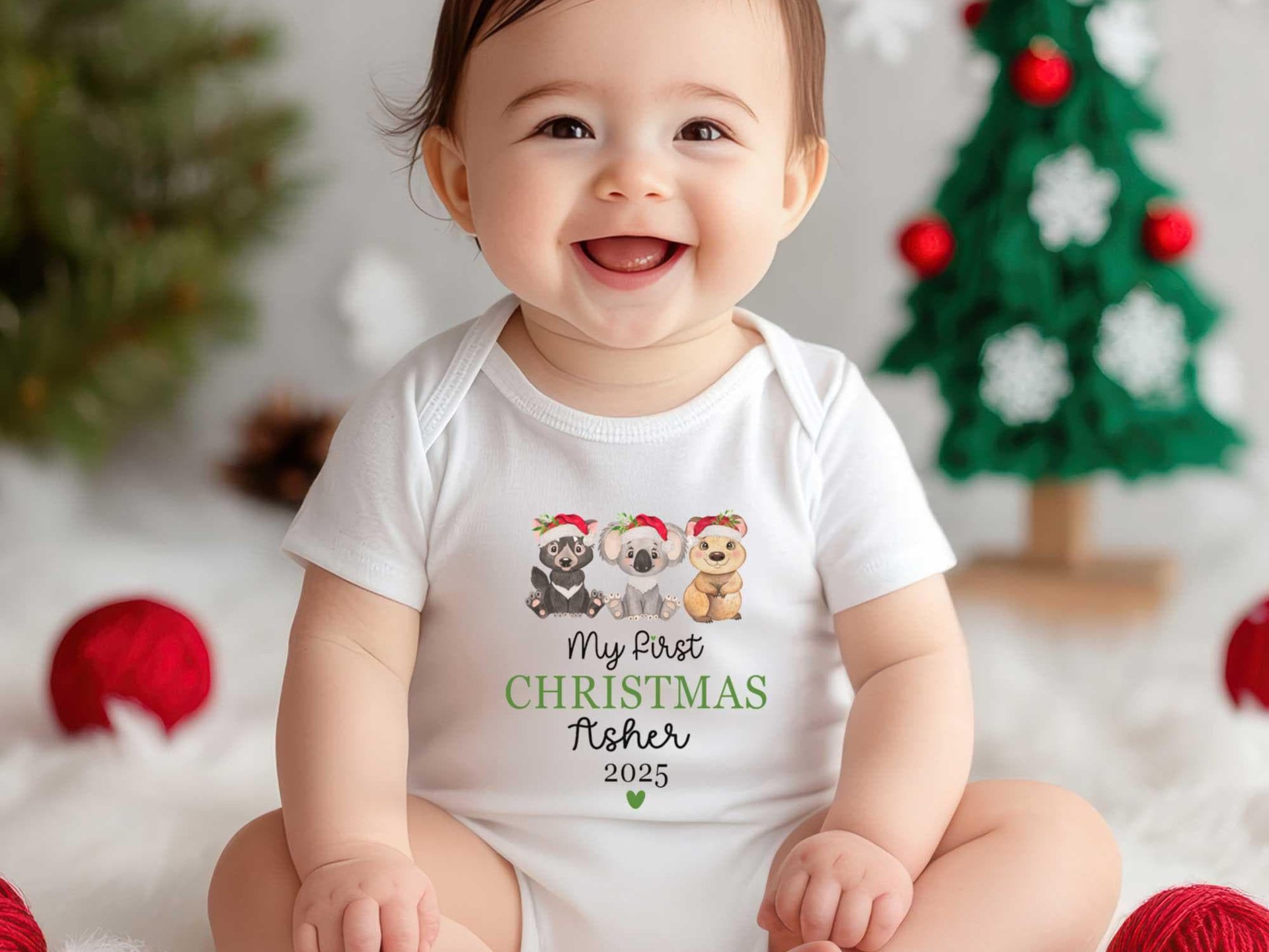 Personalised Aussie Animals My First Christmas Baby Bodysuit